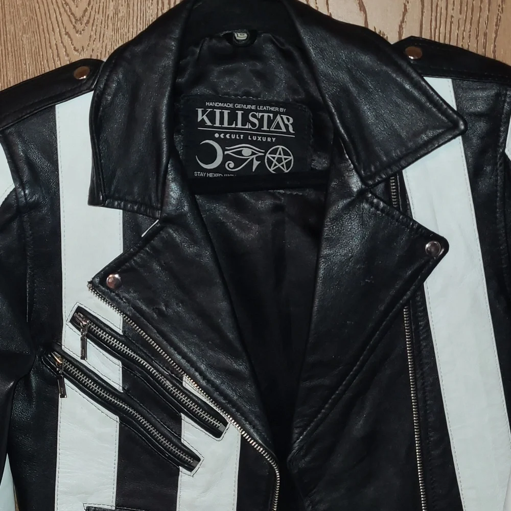 Killstar Black & White Real Leather Jacket - Picture 2 of 11